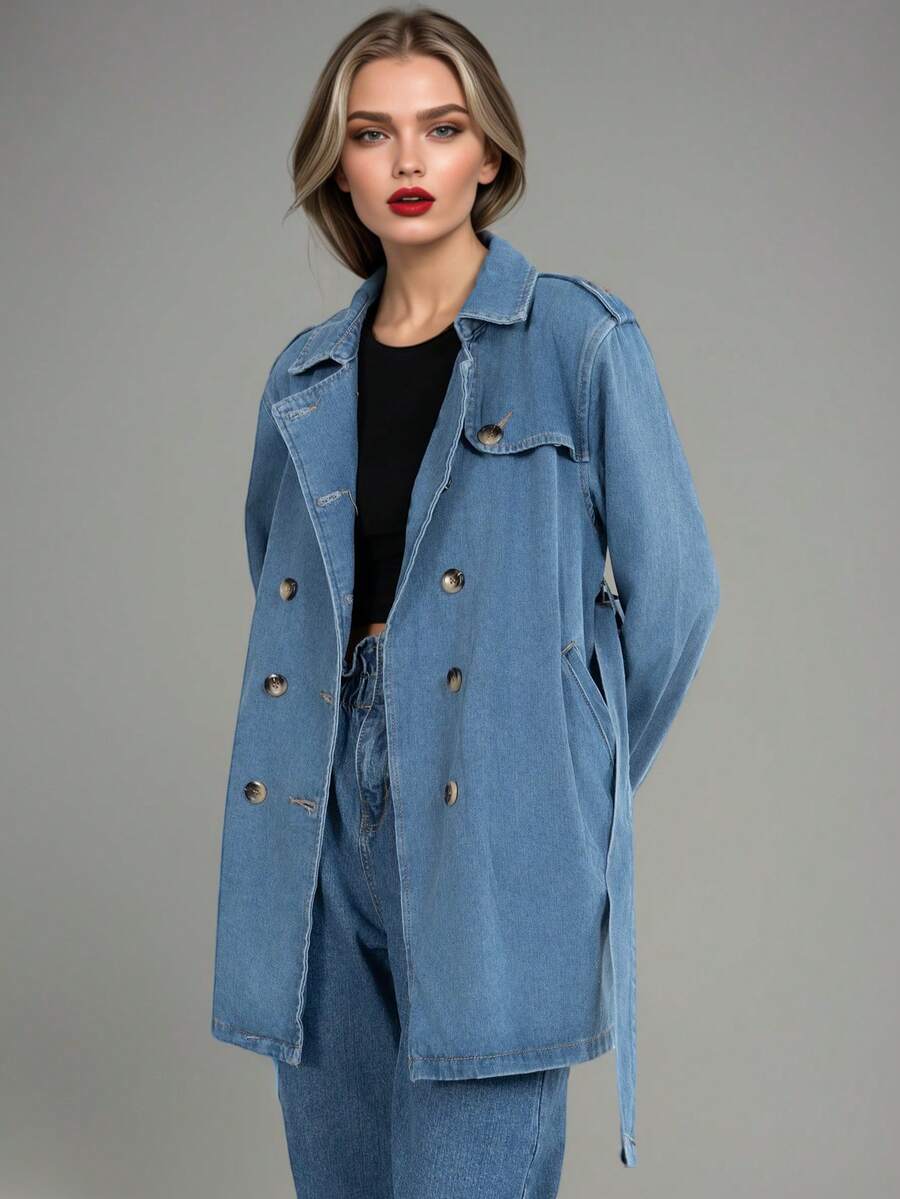 女士长款牛仔夹克，配腰带和腰带，百搭