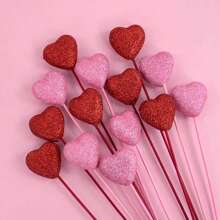 10pcs Glitter Foam Heart Sticks, Suitable For Mother's Day, Vase Decor, Birthday Party, Cake Decor, Wedding Bouquet