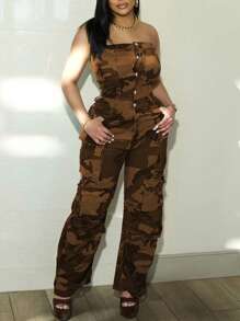 Tie-Dye Printed Jumpsuit With Utility Pockets & Sleeveless Design