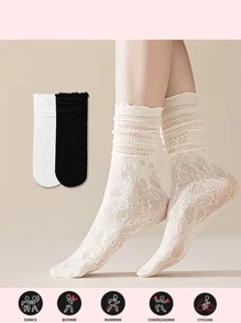 5双女士中筒丝袜荷叶边木耳花边花卉蕾丝镂空设计魅力透袜美艳动人可爱袜子学生朋友恋人亲人新年礼物都合适