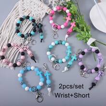Leopard Print 2pcs/Set Mixed Bead Wrist Key Ring - Monochrome Silicone Beads, Cross Silicone Keychain, Backpack Accessories, Pendant Gifts