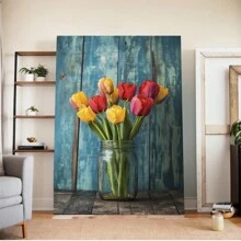 Rustic Tulips Canvas Print,  Colorful Bouquet In A Glass Jar,  Weathered Blue Wood Background,  Floral Wall Art