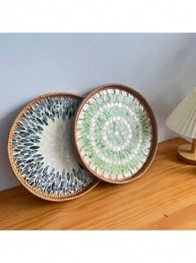 1pc Mother-Of-Pearl Inlaid Wooden Base Rattan Tray Plate Living Room Home Snack Storage Basket Decor Dinner Serving Tray - Beige - View 4