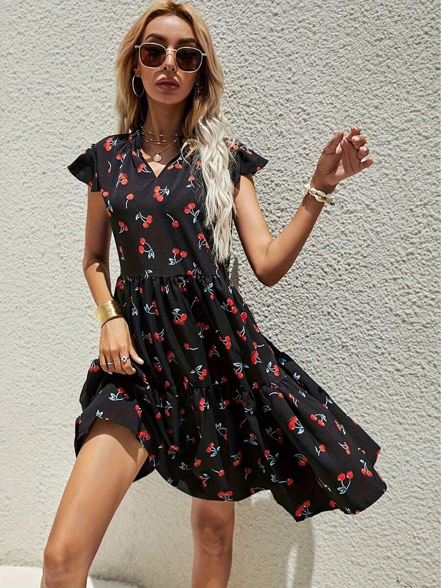 Women Cherry Print V-Neck Cap Sleeve Mini Dress - Black - View 1