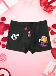 Personalized Photo Printed Heart Pattern Men's Briefs, Elastic Comfortable Casual Customized Underwear, Great Gift For Boyfriend, Husband, Valentine's Day - Black - View 4