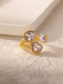 1pc Vintage Gemstone Three Water Droplets Ring, 18K Gold-Plated Cubic Zirconia Open Rings For Women, Wedding Party Vacation Jewelry Luxury Accessories Gifts For Valentine's Day, Mother's Day