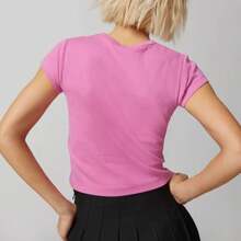 Women's Summer Slim Crop Tops Letter Tiger Pirnt Short Sleeve Round Neck Show Navel Baby Tee Streetwear - Hồng - Xem 5