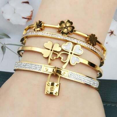 3-Piece Women Jewelry Gift Set: Rhinestone Clover Flower, Butterfly Pendant And Stainless Steel Bracelet
