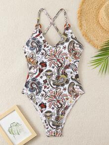 Summer New Fashion Women One-Piece Swimsuit, Floral Retro Print Backless Criss-Cross Strap Beach Vacation Casual Sexy Ladies Swimwear - Multicolor - View 3