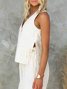 Damen einfarbige, einreihige, seitlich gebundene, lässige Weste Hemd