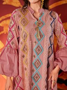 Women's V-Neck Elegant Floral Embroidered Pearls Beaded Design Lantern Sleeve Dress, Arabic Style, Modest - Pink - View 2