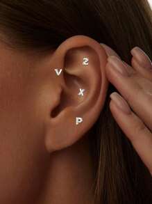 Single Hypoallergenic S925 Sterling Silver Stud Earrings Simple Tiny Initial Letter A-Z Stud Earrings For Women Sensitive Ears