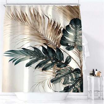 1pc Luxury Tropical Leaf Shower Curtain - Waterproof Polyester, Green & Golden Print With Hooks, Machine Washable, All-Season Decor For Bathroom, Shower Curtain Sets For Bathrooms,Women Valentine Gift Birthday Boyfriend Girlfriend Home Bathroom Decor Fall Decor Bathroom Accessories Back To School