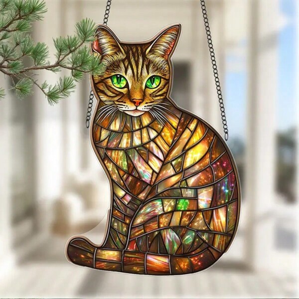 1pc, 2D Flat Acrylic, Tabby Cat Sun Catchers Window Hanging Garden Suncatchers(8''x5.5''), Pet Acrylic Window Hanging Suncatchers, Housewarming Gifts New Home, Window Garden Porch Bedroom Office Home Decorations Outdoor Patio Decorate