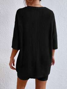 2pcs Women's Solid Loose Round Neck Ribbed Top And Shorts Pajama Homewear Set Outfits - Black - View 2