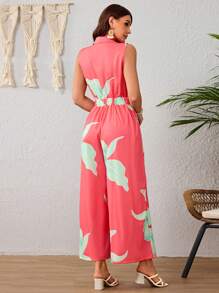 Elegante Mono De Piernas Anchas Con Cinturón Para Mujer,Mono Sin Mangas Con Media Tapeta De Botones y Solapa,Mono De Estampado De Flores De Verano - Rosado Sandía - Ver 3