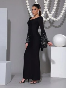 Modphy New Sexy Black Round Neck Flare Sleeve Heavily Embellished Rhinestone Mermaid Dress, Elegant Women Evening Gown For Party, Festival, Wedding Guest Dress, Formal Dress - Black - View 4