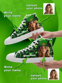 St. Patrick's Day Women's Custom High Top Canvas Shoes, Customized Photo And Name Sneakers, Shamrock Print Custom Men's Sneakers, Comfortable, Lightweight, Breathable, Non-Slip, Customized Gift For Mom/Dad/Her/Him/Girlfriend/Boyfriend/Wife/Husband/Friend - White - View 2