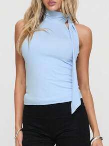 Women's High Neck Tank Tops Sleeveless Solid Color Slim Fitted Tops Summer Shirts - Màu xanh lam - Xem 4