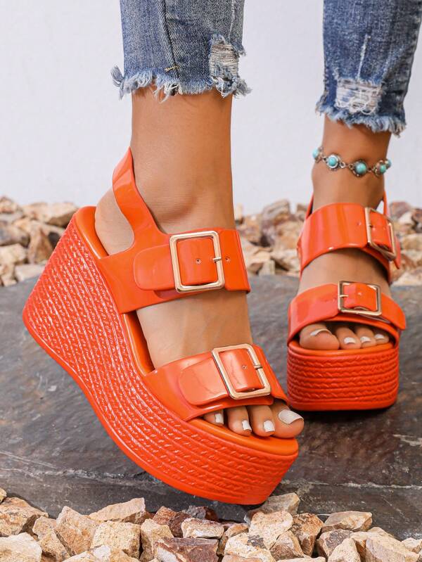 Sandales d'été à talons compensés, à plateforme, à bout ouvert, à semelle épaisse, à la mode et polyvalentes, de couleur orange brillante, antidérapantes, pour femmes