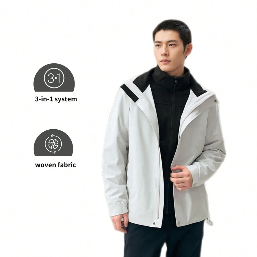 lanbu Outdoor Sports Men's Sherpa 3-In-1 Windbreaker Jacket, Classic Casual Windproof Waterproof Ski Coat LR1001A98004LB