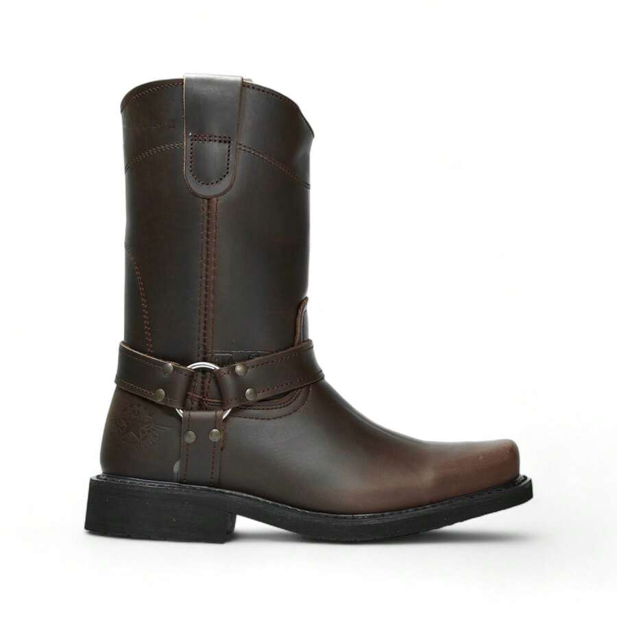 Botas de Uso Rudo de Punta Cuadra Estilo Vaqueras Casuales En Piel Genuina Con Plantilla Anti-estrés, Suela Anti-derrapante, Cómoda y Ligera