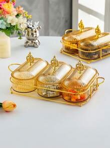 圣诞节3件套（1个托盘2个罐子）/4件套（1个托盘3个罐子）塑料零食糖果收纳罐，密封食品储物容器，装饰托盘，适用于客厅、卧室、餐厅、厨房，适合存放谷物、糖果、饼干、面包，也可用于户外、婚礼、派对、圣诞节、生日装饰、周年纪念、午餐盒、便当盒、返校家居装饰、新年礼物 - 彩色 - 查看 2