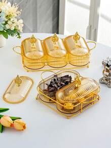 圣诞节3件套（1个托盘2个罐子）/4件套（1个托盘3个罐子）塑料零食糖果收纳罐，密封食品储物容器，装饰托盘，适用于客厅、卧室、餐厅、厨房，适合存放谷物、糖果、饼干、面包，也可用于户外、婚礼、派对、圣诞节、生日装饰、周年纪念、午餐盒、便当盒、返校家居装饰、新年礼物 - 彩色 - 查看 1