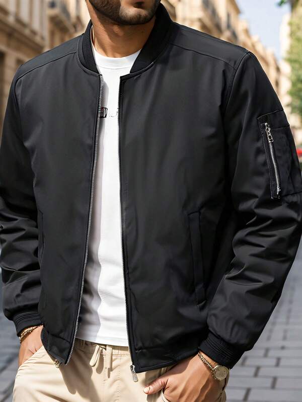 Jaqueta leve com zíper e gola de beisebol casual masculina, cor preta, para primavera e verão, uso diário, deslocamento, uso ao ar livre
