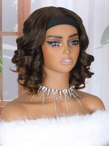 适合的短款波浪头带假发。优雅渐变巧克力棕色波浪卷发头带假发，合成假发，配有柔软的黑色头带，高温纤维，适合日常和派对佩戴 - 彩色 - 查看 6