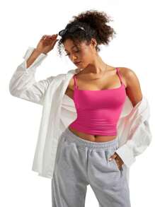 LKESRC Women's Sexy Square Neck Spaghetti Strap Tank Fashion Out Basic Solid Colour Top - Màu Hồng Tươi - Xem 4