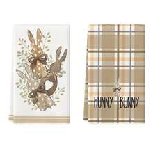 4-Piece Easter Theme Decorative Hand Towels Set, Polka Dot & Plaid Bunny Pattern, Polyester Kitchen Towels, Simple Rustic Style, Soft Absorbent Drying Cloth, Kitchen And Bathroom Decor - Brown - View 12