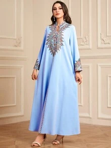 Women's Spring/Summer Fashion Embroidered Tie Neck V-Neck Casual Comfortable Long Sleeve Arabic Style Dress, Modest Kaftan - Baby Blue - View 4