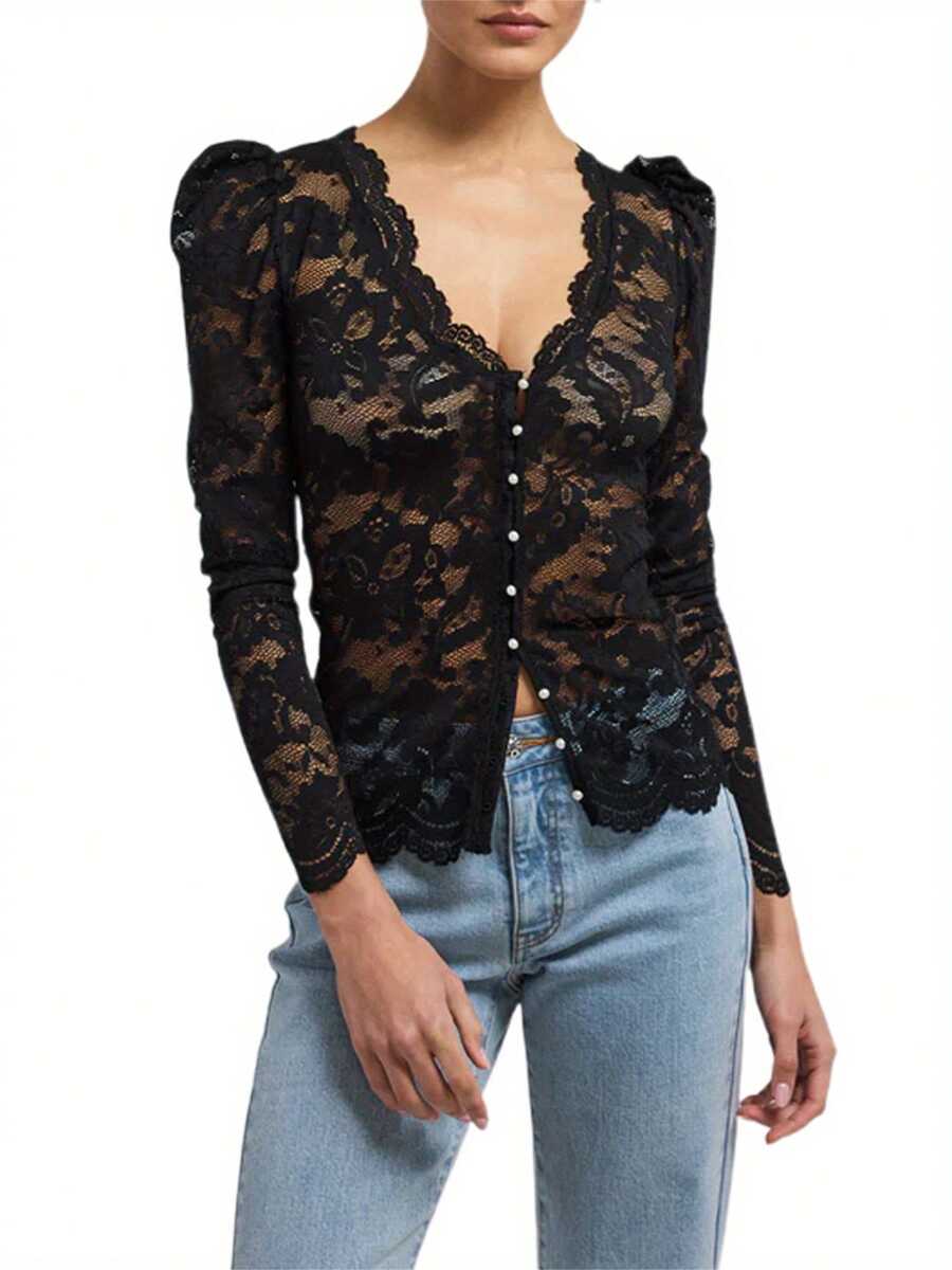 Women's Lace Tops Stylish Solid Mesh See Through Lace Floral Slim Fit V Neck Long Sleeve T-Shirt - 黑色 - 查看 1