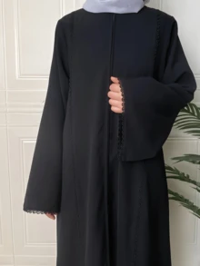Abaya Elegante de Cor Sólida Estilo Turco/Modesta com Zíper e Renda para Mulheres