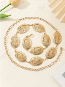 Cadena de cintura de metal con forma ovalada hueca, joyería de cadena de vientre decorativa vintage, bohemia, material de aleación de zinc, adecuada para vestidos, todo el año, verano, escuela, otoño, Halloween - oro kc - Ver 16