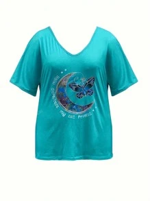 Camiseta informal de mujer talla grande con cuello en V y estampado de mariposa, mezcla de poliéster y spandex, lavable a máquina, adecuada para primavera/verano/otoño