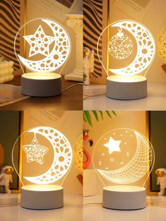 1个星月图案3D亚克力板夜灯，采用亚克力材质，USB供电，适合室内房间装饰、卧室装饰、桌面装饰夜灯，也是送给亲朋好友的圣诞礼物。