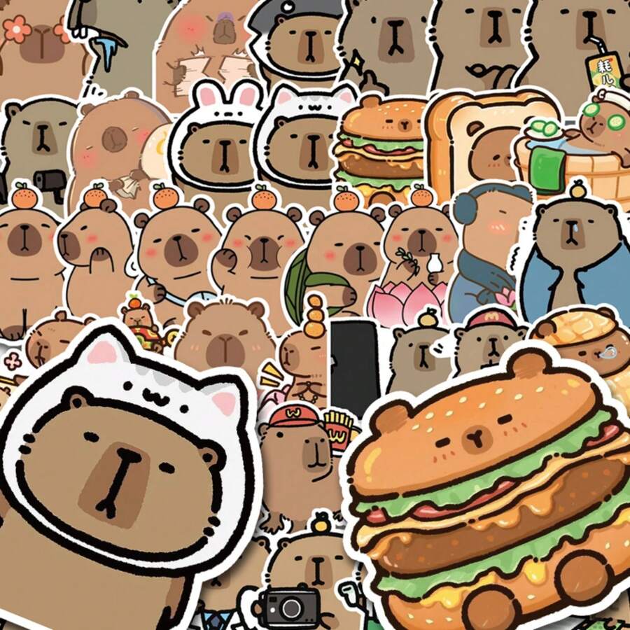 64pcs Capybara Stickers Cute Brown Stickers, Vinyl Stickers For Laptop,Decorate Party Skateboard Phone Case Water Cup Guitar Sticker Sticker Can Diy Sticker