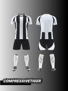 2 Stück Personalisiertes Fußball-Trikot für Jungen - Bedruckbar mit individuellem Namen und Nummer, Ringel-Dekor, Kurzarm T-Shirt + kurze Hose Sportset, schnelltrocknend und feuchtigkeitsabsorbierend, als Geschenk