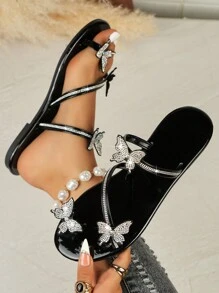 2025 新款女士精致水晶拖鞋，适合法式连衣裙，时尚夏季拖鞋 - 黑色 - 查看 6