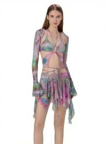 Women's 3 Piece Summer Outfits Long Sleeve Shrug Tops Tie Dye Print Vest Irregular Mini Skirt Set - 綠色 - 查看 4