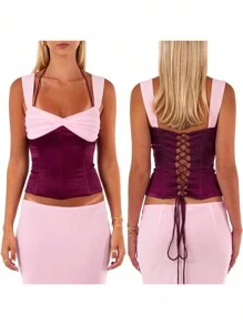 Women's Summer Tank Tops Sleeveless Halter Neck Contrast Color Corset Tops Shirts - 彩色 - 查看 6