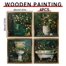 4pcs Wooden Framed Botanical Bathroom Wall Art | Floral Bathroom Wall Decor, Wild Flower Bathroom Print, Farmhouse Canvas Decor, Deep Green Print, Melancholy Plants, Floral, Vintage Painting, Bathroom Decor Gift, Birthday, Graduation - Multicolor - View 2