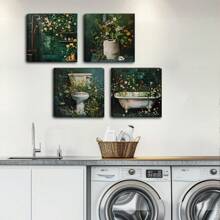 4pcs Wooden Framed Botanical Bathroom Wall Art | Floral Bathroom Wall Decor, Wild Flower Bathroom Print, Farmhouse Canvas Decor, Deep Green Print, Melancholy Plants, Floral, Vintage Painting, Bathroom Decor Gift, Birthday, Graduation - Multicolor - View 5