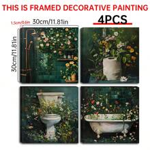 4pcs Wooden Framed Botanical Bathroom Wall Art | Floral Bathroom Wall Decor, Wild Flower Bathroom Print, Farmhouse Canvas Decor, Deep Green Print, Melancholy Plants, Floral, Vintage Painting, Bathroom Decor Gift, Birthday, Graduation - Multicolor - View 9