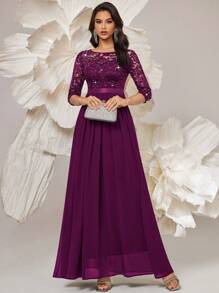 MIUSOL 优雅亮片花卉蕾丝七分袖褶裥雪纺正式派对长裙，正式晚礼服，适合婚礼宾客、毕业典礼、宴会及其他场合，春季款 - 紫紅色 - 查看 4