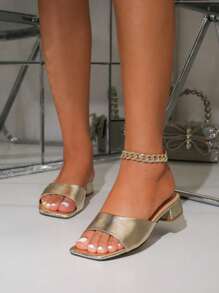 Women's Chic Metal Buckle Strap Slide Sandals, Burgundy Low Heel Comfortable Versatile Non-Slip Flat Roman Slippers - Gold - View 3