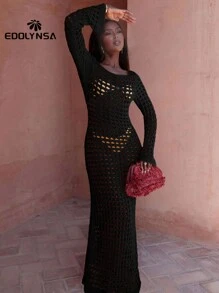 性感镂空喇叭袖黑色针织钩花连衣裙女式夏季时尚泳衣罩衫优雅派对装 - 黑色 - 查看 1