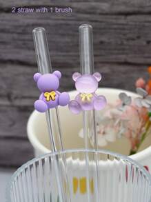 2pcs Twin Bears Glass Straws With 1pc Straw CleaningBrush, 8mm Reusable Straws, Drinking Straw Bent, Gift For Friends, Valentine's Day Gifts - Multicolor - View 3